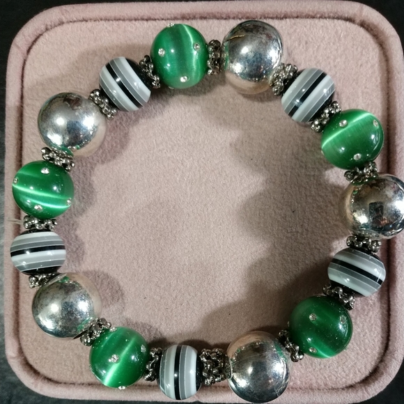 🎄Large Bracelet Glass Fluorite Beads with Rhinestones Sterling Silver Beads NEW - Picture 3 of 9